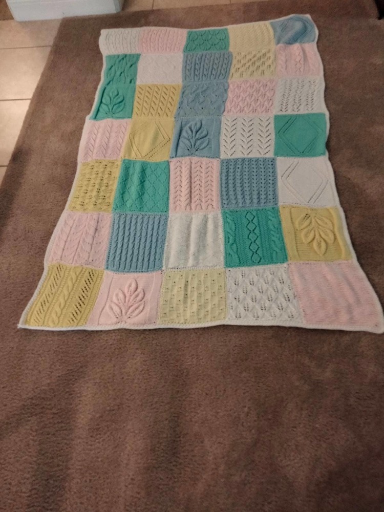 Hand crochet block throw pastel 68"x 44"